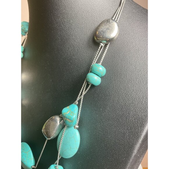 Turquoise & Silver Tone Multi-Strand Beaded Necklace Adjustable Length - Picture 2 of 4